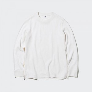 Koszulka Męskie Uniqlo Waffle Crew Neck Long-Sleeve (2022 Edition) Białe,Uniqlo Polska | A982418