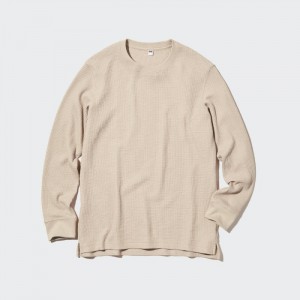 Koszulka Męskie Uniqlo Waffle Crew Neck Long-Sleeve (2022 Edition) Natural,Uniqlo Polska | V735402