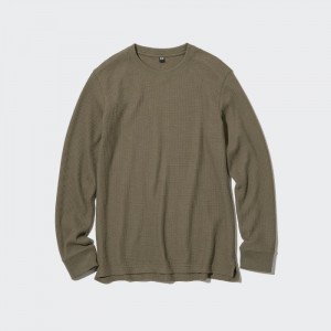 Koszulka Męskie Uniqlo Waffle Crew Neck Long-Sleeve (2022 Edition) Ciemny Zielone,Uniqlo Polska | J591773