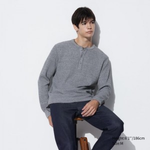Koszulka Męskie Uniqlo Waffle Henley Neck Long-Sleeve (2022 Edition) Szare,Uniqlo Polska | D663360