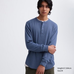 Koszulka Męskie Uniqlo Waffle Henley Neck Long-Sleeve (2022 Edition) Niebieskie,Uniqlo Polska | H674654