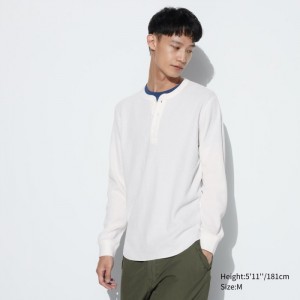 Koszulka Męskie Uniqlo Waffle Henley Neck Long-Sleeve (2022 Edition) Białe,Uniqlo Polska | O799546