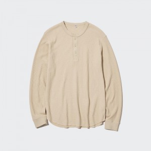 Koszulka Męskie Uniqlo Waffle Henley Neck Long-Sleeve (2022 Edition) Natural,Uniqlo Polska | H867643