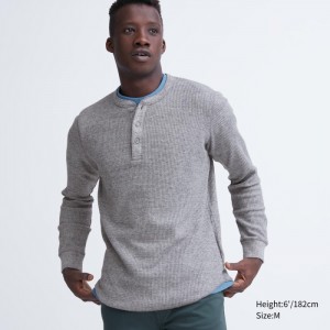 Koszulka Męskie Uniqlo Waffle Henley Neck Long-Sleeve Szare,Uniqlo Polska | E652511