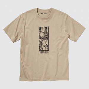 Koszulki Z Grafiką Męskie Uniqlo Attack on Titan UT (Short-Sleeve) (The "Rumbling" Begins) Beżowe,Uniqlo Polska | Q191980