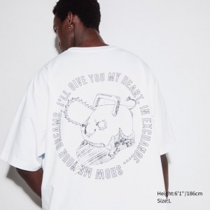 Koszulki Z Grafiką Męskie Uniqlo Chainsaw Man × Kosuke Kawamura UT (Oversized Short-Sleeve) (Pochita) Białe,Uniqlo Polska | Y688715