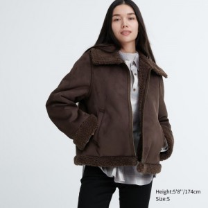 Kurtki Polarowe Damskie Uniqlo Pile-Lined Jacket Ciemny Brązowe,Uniqlo Polska | R458263