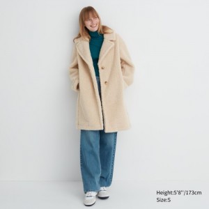 Płaszcze Damskie Uniqlo Pile-Lined Fleece Tailored Beżowe,Uniqlo Polska | V996737
