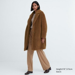 Płaszcze Damskie Uniqlo Pile-Lined Fleece Tailored Brązowe,Uniqlo Polska | Y622524