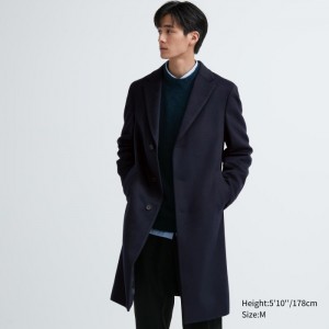Płaszcze Męskie Uniqlo Wool Cashmere Chesterfield Granatowe,Uniqlo Polska | I820208