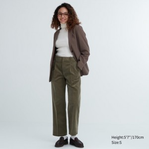 Spodnie Damskie Uniqlo Corduroy Wide-Fit Pleated Oliwkowe,Uniqlo Polska | E939015