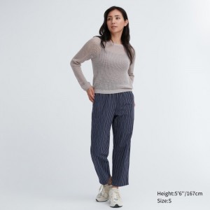 Spodnie Damskie Uniqlo Cotton Striped Relaxed Ankle Granatowe,Uniqlo Polska | D006882