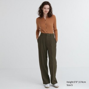 Spodnie Damskie Uniqlo Wide-Fit Pleated (Tall) Oliwkowe,Uniqlo Polska | W410244