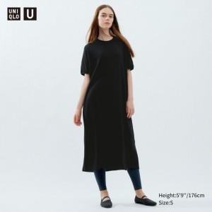 Sukienka Damskie Uniqlo Draped Short-Sleeve Czarne,Uniqlo Polska | K549009