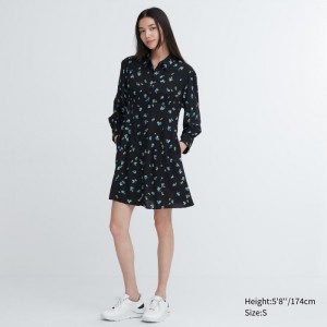 Sukienka Damskie Uniqlo Printed V-Neck Long-Sleeve Mini Czarne,Uniqlo Polska | U613079
