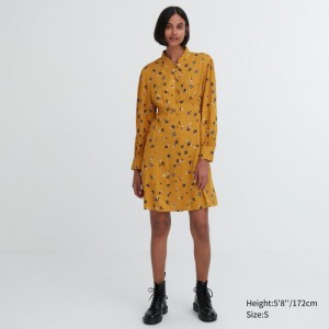 Sukienka Damskie Uniqlo Printed V-Neck Long-Sleeve Mini Żółte,Uniqlo Polska | C268825