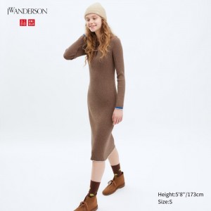 Sukienka Damskie Uniqlo Ribbed Long-Sleeve Knit Brązowe,Uniqlo Polska | P073812