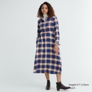 Sukienka Damskie Uniqlo Soft Brushed Checked Long-Sleeve Shirt Niebieskie,Uniqlo Polska | A239630