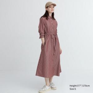 Sukienka Damskie Uniqlo Striped Cotton Long-Sleeve Long Shirt Brązowe,Uniqlo Polska | Y940812