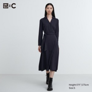 Sukienka Damskie Uniqlo Wrap Long-Sleeve Granatowe,Uniqlo Polska | J964942