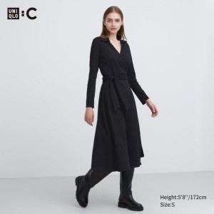 Sukienka Damskie Uniqlo Wrap Long-Sleeve Czarne,Uniqlo Polska | F386308