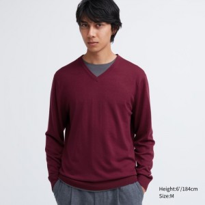 Sweter Damskie Uniqlo Extra Fine Merino V-Neck Long-Sleeve Wine,Uniqlo Polska | L842362