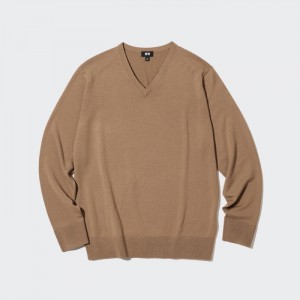 Sweter Damskie Uniqlo Extra Fine Merino V-Neck Long-Sleeve Beżowe,Uniqlo Polska | P620520