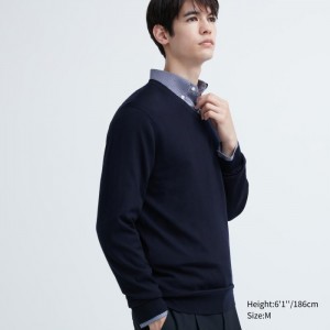Sweter Damskie Uniqlo Extra Fine Merino V-Neck Long-Sleeve Granatowe,Uniqlo Polska | M243436