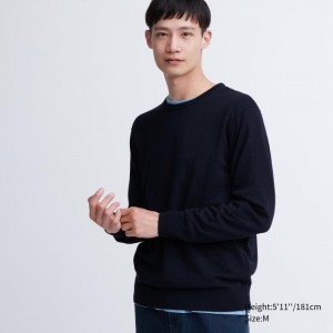 Sweter Damskie Uniqlo Extra Fine Merino Crew Neck Long-Sleeve Granatowe,Uniqlo Polska | K192851