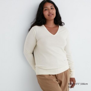 Sweter Damskie Uniqlo Extra Fine Merino V-Neck Long-Sleeve Białe,Uniqlo Polska | D887141