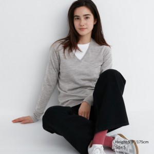 Sweter Damskie Uniqlo Extra Fine Merino V-Neck Long-Sleeve Szare,Uniqlo Polska | G344219