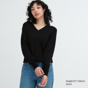 Sweter Damskie Uniqlo Extra Fine Merino V-Neck Long-Sleeve Czarne,Uniqlo Polska | D461181