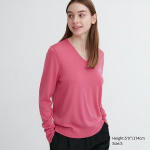 Sweter Damskie Uniqlo Extra Fine Merino V-Neck Long-Sleeve Różowe,Uniqlo Polska | Y917649