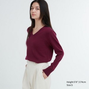 Sweter Damskie Uniqlo Extra Fine Merino V-Neck Long-Sleeve Wine,Uniqlo Polska | K539725