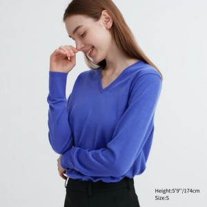 Sweter Damskie Uniqlo Extra Fine Merino V-Neck Long-Sleeve Niebieskie,Uniqlo Polska | A640718