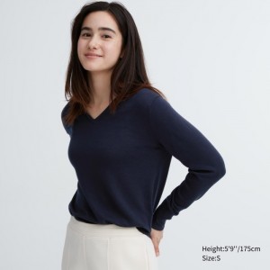 Sweter Damskie Uniqlo Extra Fine Merino V-Neck Long-Sleeve Granatowe,Uniqlo Polska | J296990