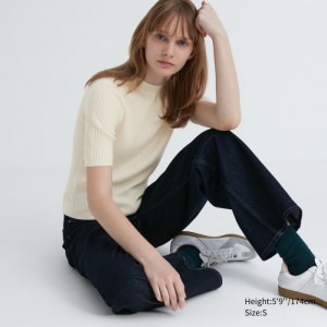 Sweter Damskie Uniqlo Extra Fine Merino Ribbed Mock Neck Half-Sleeve Białe,Uniqlo Polska | X219118