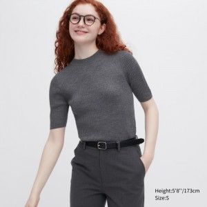 Sweter Damskie Uniqlo Extra Fine Merino Ribbed Mock Neck Half-Sleeve Szare,Uniqlo Polska | O273573