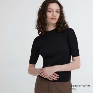 Sweter Damskie Uniqlo Extra Fine Merino Ribbed Mock Neck Half-Sleeve Czarne,Uniqlo Polska | X351392