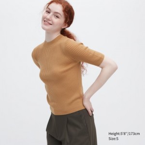Sweter Damskie Uniqlo Extra Fine Merino Ribbed Mock Neck Half-Sleeve Beżowe,Uniqlo Polska | G921933