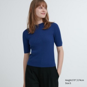 Sweter Damskie Uniqlo Extra Fine Merino Ribbed Mock Neck Half-Sleeve Niebieskie,Uniqlo Polska | F645361