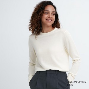 Sweter Damskie Uniqlo Extra Fine Merino Crew Neck Long-Sleeve Białe,Uniqlo Polska | O425387