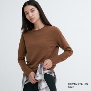 Sweter Damskie Uniqlo Extra Fine Merino Crew Neck Long-Sleeve Brązowe,Uniqlo Polska | D189597