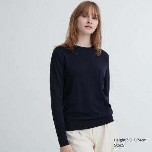 Sweter Damskie Uniqlo Extra Fine Merino Crew Neck Long-Sleeve Granatowe,Uniqlo Polska | P366880