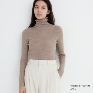 Sweter Damskie Uniqlo Extra Fine Merino Ribbed Turtleneck Long-Sleeve Beżowe,Uniqlo Polska | E144185