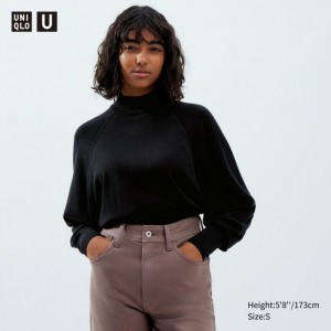 Sweter Damskie Uniqlo Merino Blend Volume Long-Sleeve Czarne,Uniqlo Polska | B391673