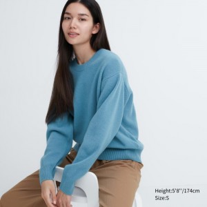 Sweter Damskie Uniqlo Premium Lambswool Crew Neck Long-Sleeve Niebieskie,Uniqlo Polska | R278272