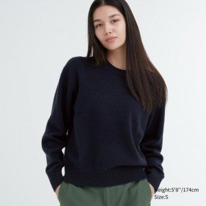 Sweter Damskie Uniqlo Premium Lambswool Crew Neck Long-Sleeve Granatowe,Uniqlo Polska | W349683