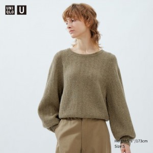 Sweter Damskie Uniqlo Premium Lambswool Volume Long-Sleeve Khaki,Uniqlo Polska | N753750