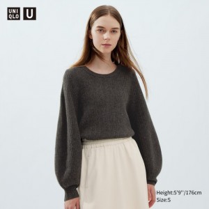 Sweter Damskie Uniqlo Premium Lambswool Volume Long-Sleeve Ciemny Brązowe,Uniqlo Polska | E736670